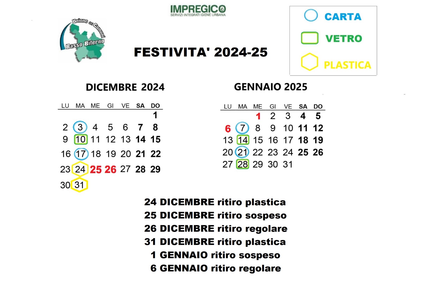 Variazione Calendario Servizio di Raccolta RSU - FESTIVITA’ DICEMBRE 2024 - GENNAIO 2025