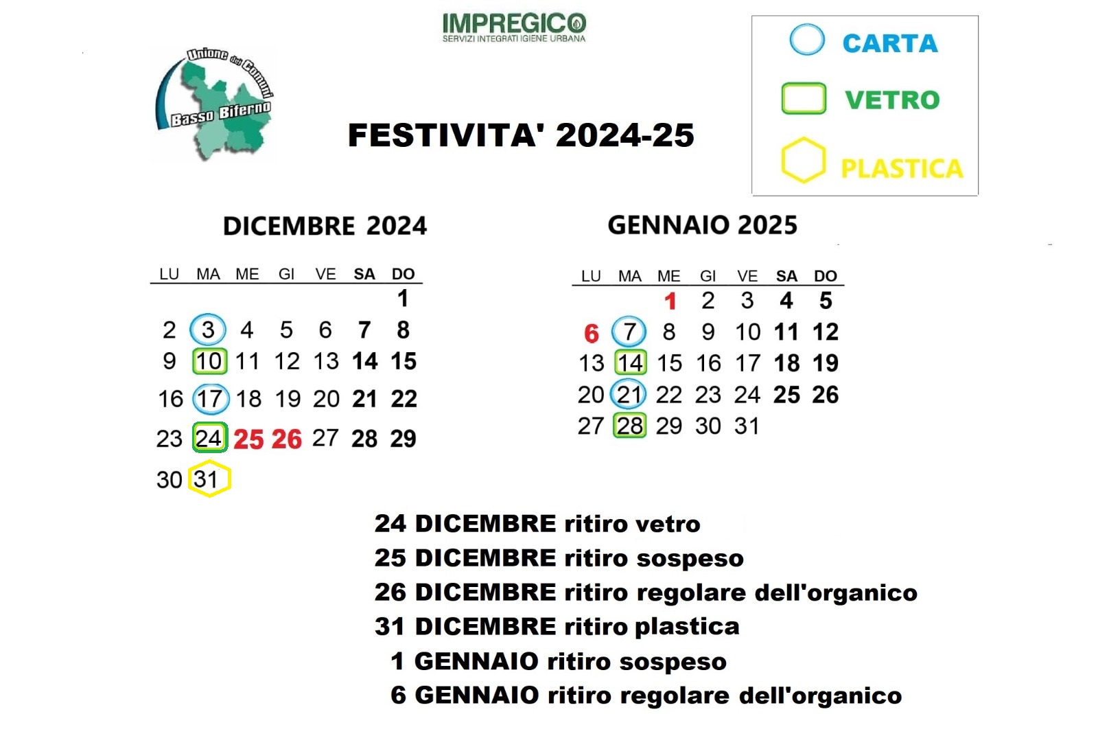 Variazione Calendario Servizio di Raccolta RSU - FESTIVITA’ DICEMBRE 2024 - GENNAIO 2025 - aggiornamento